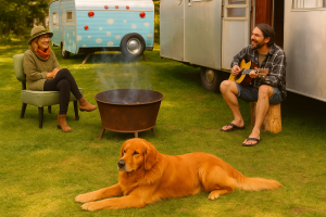 people sitting round fire with dog, pet friendly resort the sou'wester, washington