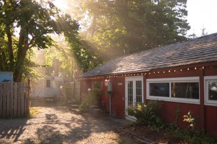 Morning sunlight filtering through trees onto a row of red cabins strung with string lights