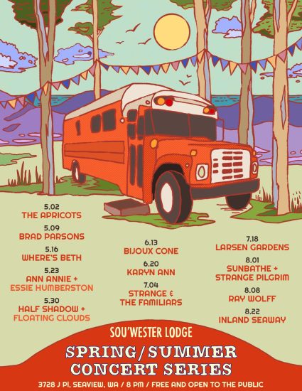 Sou'wester Lodge Spring/Summer concert series poster showing an illustrated orange school bus in the forest