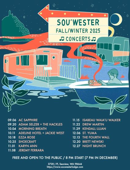 Sou'wester Fall/Winter 2025 concerts poster with illustrated trailers along a nighttime shoreline