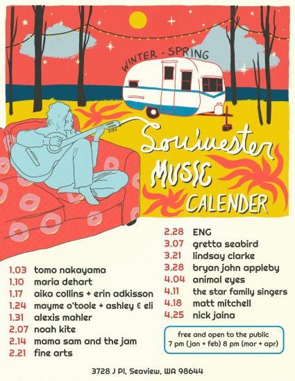 Illustrated Sou'wester Music Calendar flyer showing a musician playing guitar on a couch