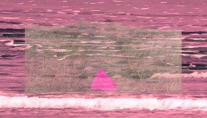 A pink toned photo of dune grass and ocean waves with a bright pink triangle shape overlaid
