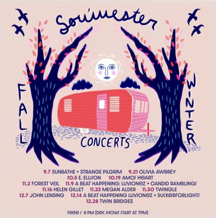 Sou'wester Fall/Winter concerts poster with a trailer framed by dark trees and a moon face