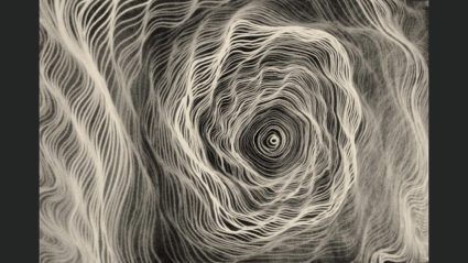 A black and white spiral pattern drawing with dense swirling lines radiating from the center
