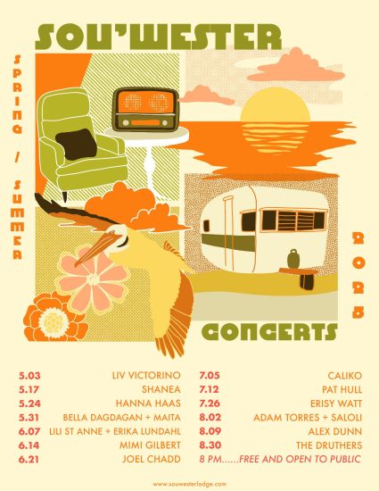 Sou'wester Spring/Summer 2025 concert poster with retro illustration of an armchair, radio, and trailer